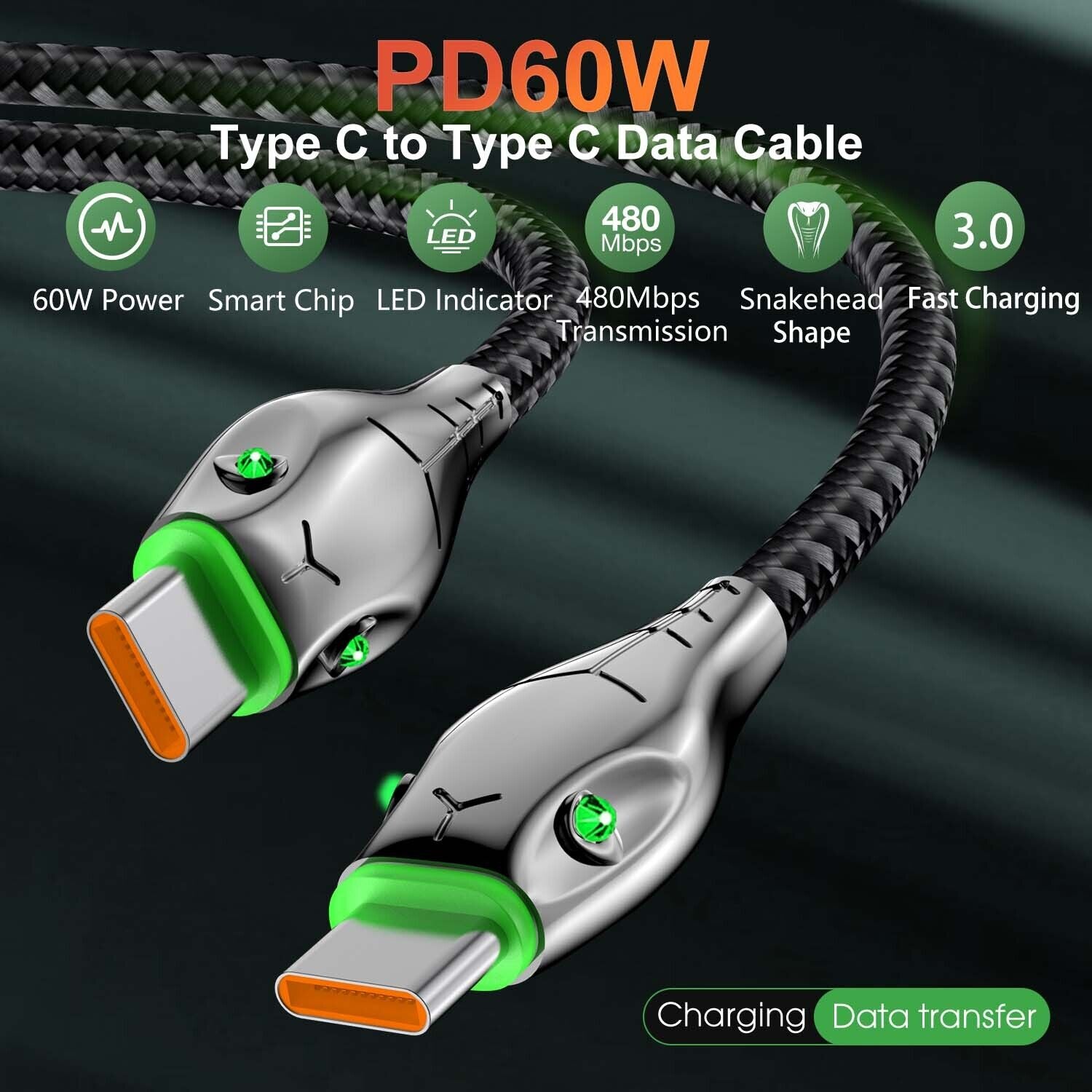 PD60W TYPE-C LED Data Carging Cable